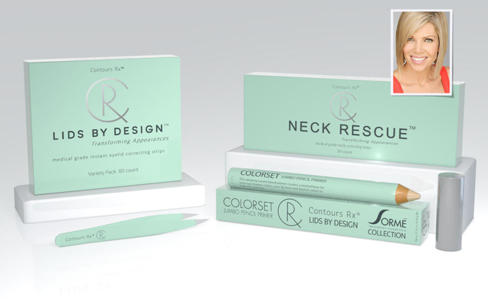 a box reads contours RX. Lids by Design. Transforming appearances: medical grade instant eyelid correcting strips variety pack. a box of contour rx neck rescue. colorset jumbo pencil primer from the sorme collection.