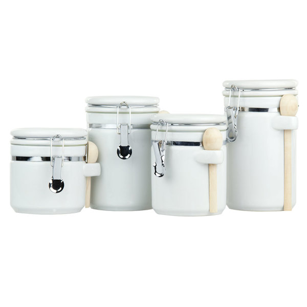 Home Basics 4-Piece Ceramic Canister Set with Wooden Spoons, White ...