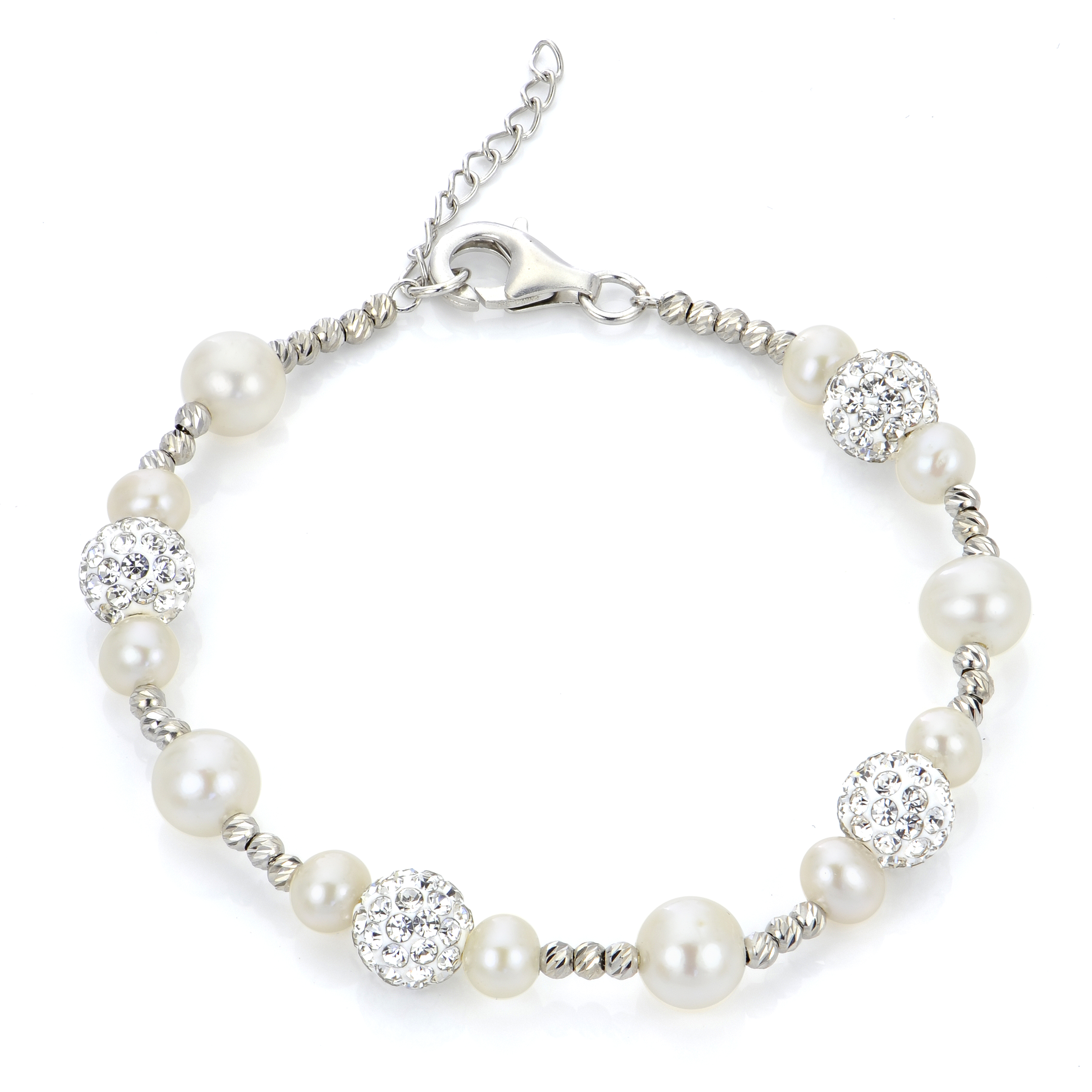 Sterling Silver Cultured Pearl and Crystal Bead Station Bracelet