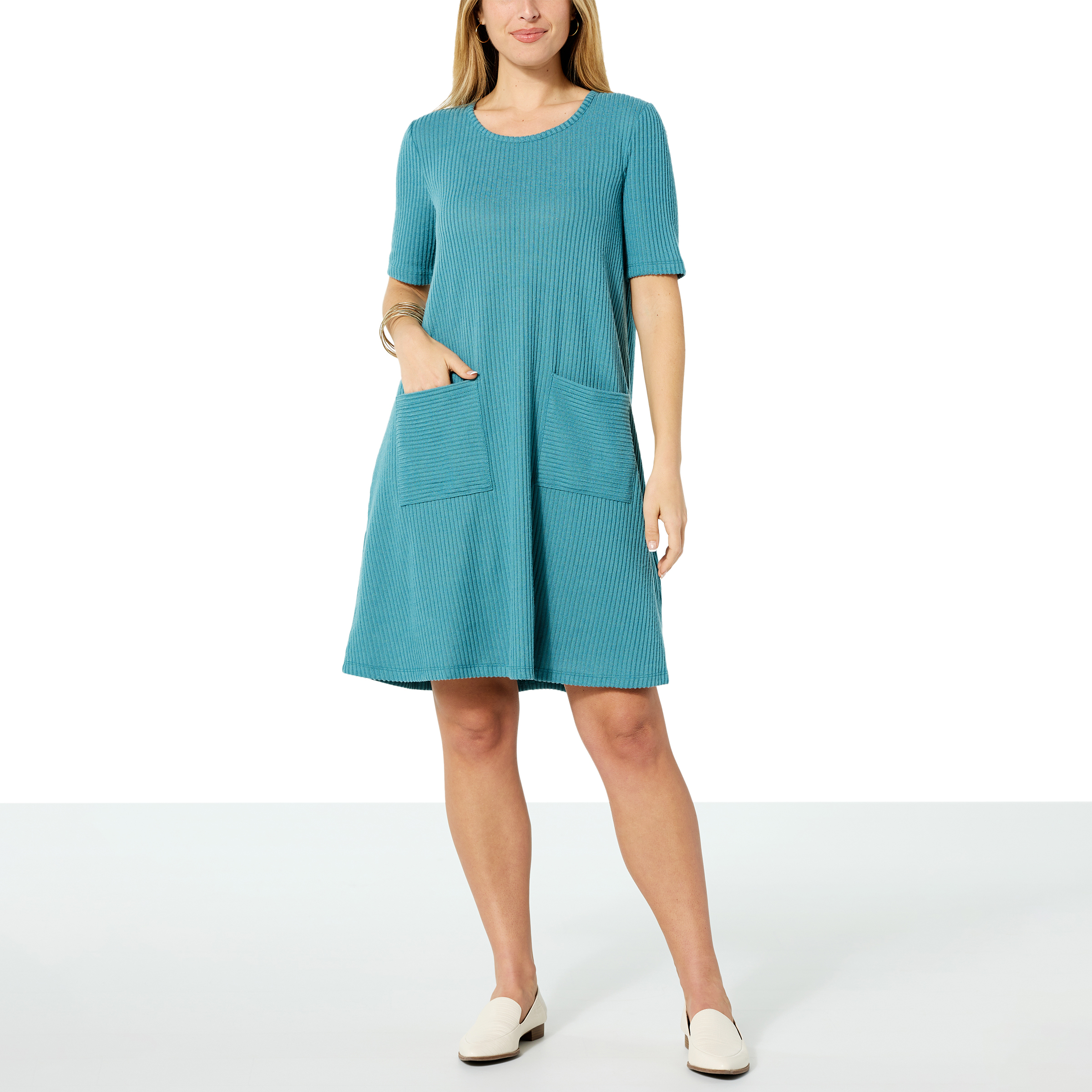 Nina Leonard Ribbed Knit Trapeze Dress with Pockets - 20677368 | HSN