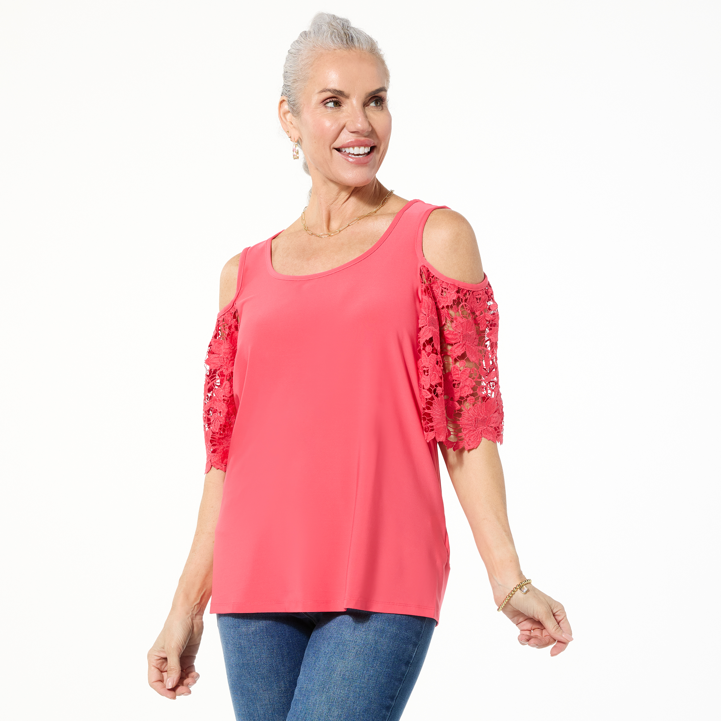Nina Leonard Lace Sleeve Cold Shoulder Top | HSN