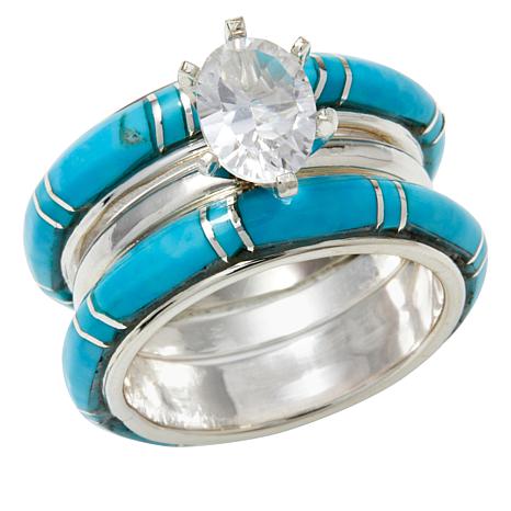 Chaco Canyon Zuni Kingman Turquoise and Topaz Guard Ring 2pc Set