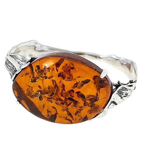 Sterling Silver Foliate Open Hinge Bangle, Natural 2024 Baitic Amber Bracelet, Vintage Jewelry