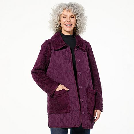 Nina Leonard Collared Sherpa & Quilted Button Front Coat | HSN
