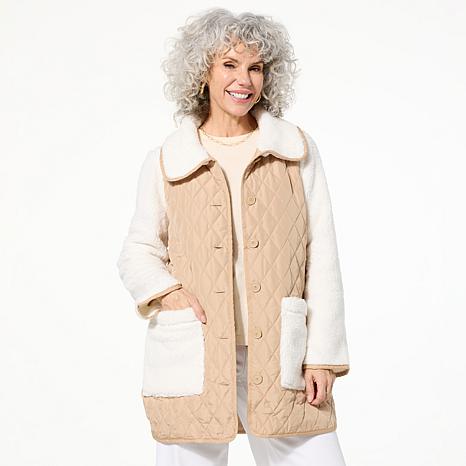 Nina Leonard Collared Sherpa Quilted Button Front Coat 23350000 HSN