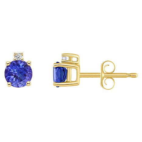 14K Gold 4mm Round Tanzanite and Diamond Accent Stud Earrings