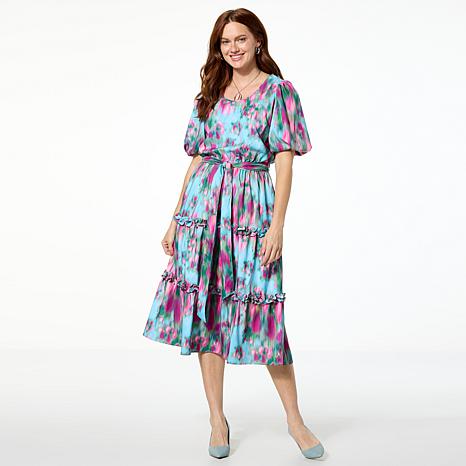Badgley Mischka Macie Short-Sleeve Tiered Dress