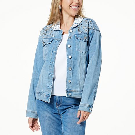 DG2 by Diane Gilman New Classic Stretch Denim Lace Collar Jacket ...