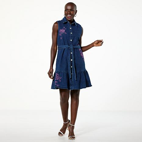 G by Giuliana Black Label Embroidered Denim Tank Dress