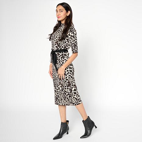 Nina Leonard Mixed Jacquard Knit Mock-Neck Sweater Dress | HSN