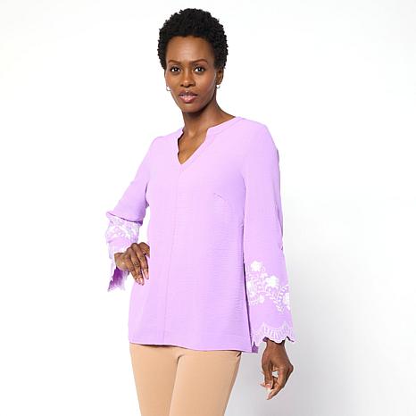 $34.95, Was $49.95, 30% Off! Nina Leonard Textured Wave Knit Embroidered Bell-Sleeve Top dealfomo