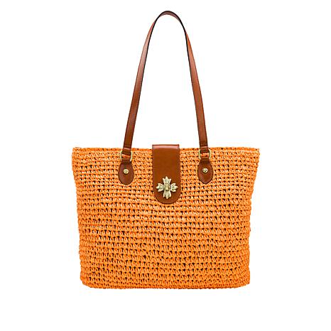 Straw Tote Bag in Raphia and Orange Leather