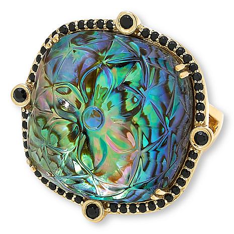Rarities Carved Abalone and Rock Crystal Doublet and Black Spinel Ring
