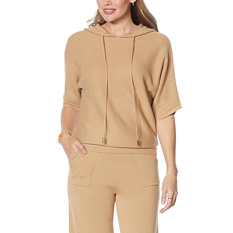 Rhonda Shear Luxe Knit Hooded Dolman-Sleeve Lounge Top