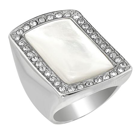 Stately Steel Mother-of-Pearl and Crystal Rectangular Ring