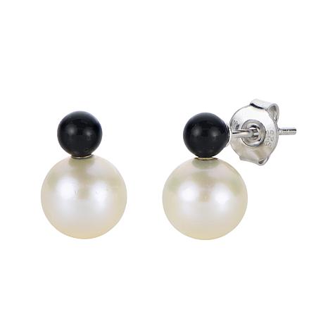 Signed outlet Vintage Sterling Silver 18k Gold Freshwater Pearl Black Onyx Earrings