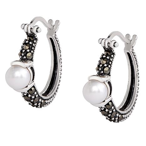 Sterling Silver Cultured Pearl and Gray Marcasite Hoop Earrings ...