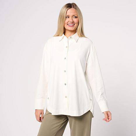 トップス winwin WynneLayers Cotton Curved Hem Button-Down Shirt | HSN