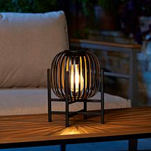 11.50"H Black Metal Stripes Solar Powered Edison Bulb Outdoor Lantern
