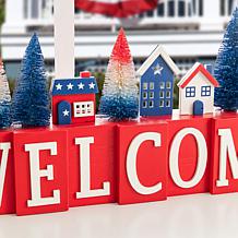 14" Patriotic WELCOME Table Decor with Village Scene