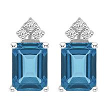 14K Gold London Blue Topaz and Diamond 8x6mm Emerald-Cut Stud Earrings