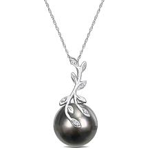 14K White Gold 12-12.5mm Cultured Tahitian Pearl Diamond Leaf Pendant