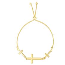 14K Yellow Gold Polished Triple Cross Station Adjustable Bracelet