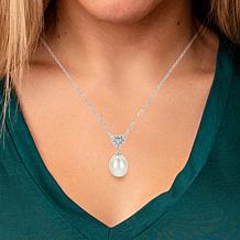 18" 8-9mm Cultured Pearl and White Topaz Twist Triangle Drop Necklace