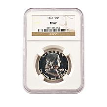 1961 PF67 NGC Benjamin Franklin 90% Silver Half Dollar