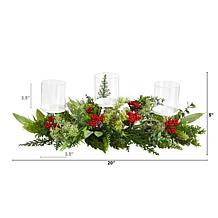 20” Holiday Winter Greenery and Berries Triple Candle Holder