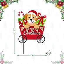 23.5"H Metal Christmas Yard Stake with Dog and Gift Cart