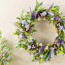 24" Easter Wreath with Lavender, White Flowers & Bird Nests
