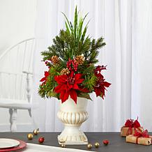 28 in. Poinsettia, Grass and Succulent Artificial Arrangement in Wh...