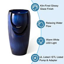 29.25"H Oversized Blue Outdoor Ceramic Pot Fountain w/Pump, LED Light