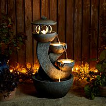 32"H 4-Tiered Pagoda Polyresin Outdoor Fountain w/ Pump and LED Light