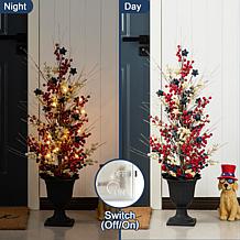36"H Patriotic/Americana Berry & Stars Lighted Porch Tree in Urn