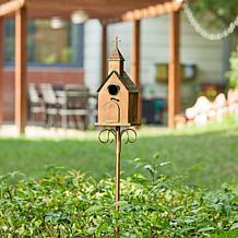 53"H Farmhouse Faux Copper Distressed Metal Church Birdhouse w/Stake