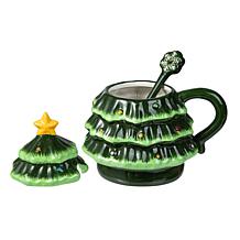 6.5" Christmas Ceramic Tree Mug with Lid and Spoon