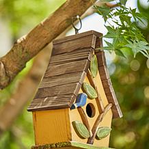 9.5"H Washed Yellow Distressed Wood Birdhouse w/Natural Wood