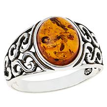 Amber Extraordinaire Sterling Silver Scroll-Design Ring