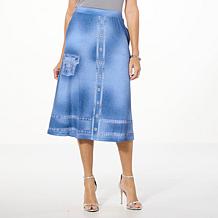 Antthony Printed Denim Studio Stretch Faux Button Midi Skirt