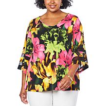 Antthony Printed V-Neck Mesh Inset Top