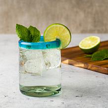 Aqua Rim Handblown Mexican DOF Glass - Set of 6