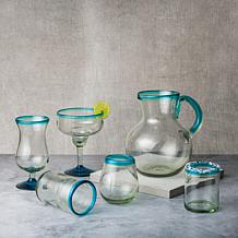 Aqua Rim Handblown Mexican Hiball Glass - Set of 6