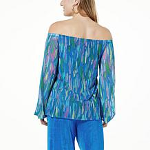 "As Is" Antthony Off-the-Shoulder Printed Tulle Mesh Knit Top