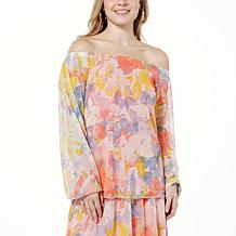 "As Is" Antthony Off-the-Shoulder Printed Tulle Mesh Knit Top