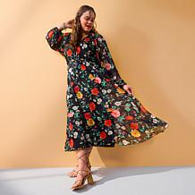 "As Is" Antthony Printed Mesh Bishop-Sleeve Patio Dress