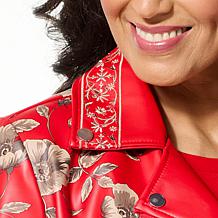 "As Is" Colleen Lopez Embroidered Faux Leather and Print Moto Jacket