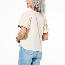 "As Is" Democracy Crochet Trim Bell-Sleeve Knit Top