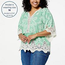 "As Is" Democracy Embroidered Crochet Trim Peplum Top